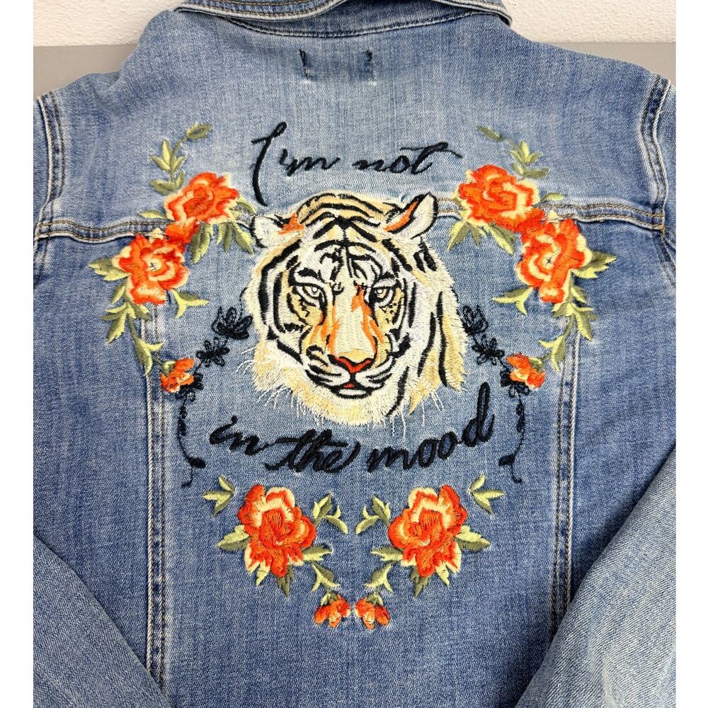 Tiger Embroidered Denim Jacket Floral Statement Y2K XS Boutique - Picture 4 of 10